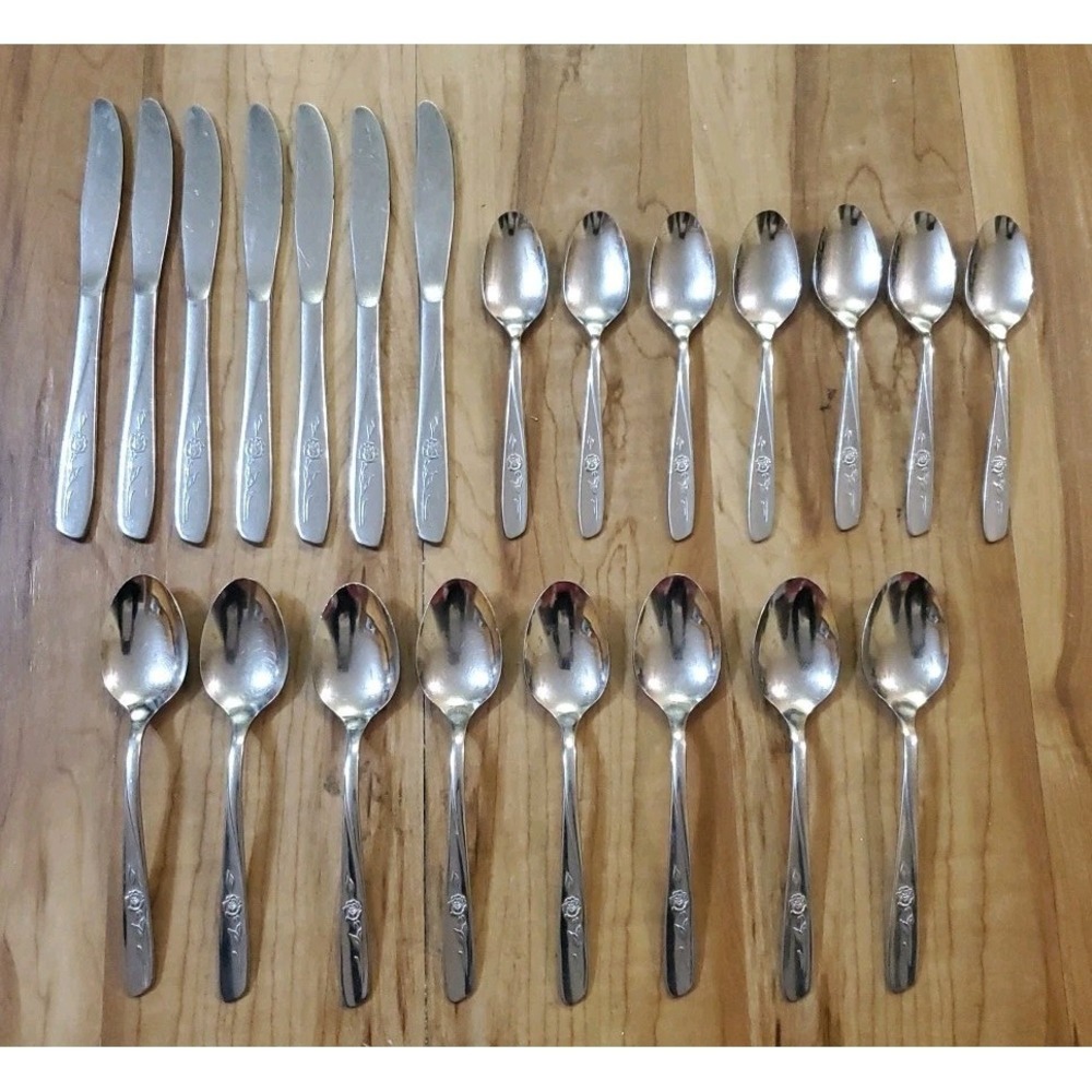 22 Pc Wm A Rogers Oneida Stainless SWEET BRIAR Rose Knives Spoon Flatware Lot